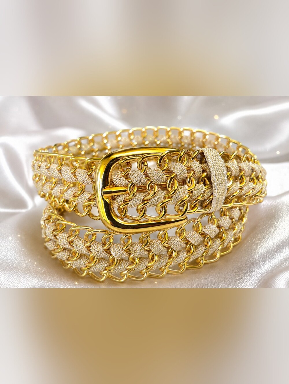 Women's Y2K Gold Tone Chain & Shimmer Fabric Belt 35" Long 1.5" Wide Vintage